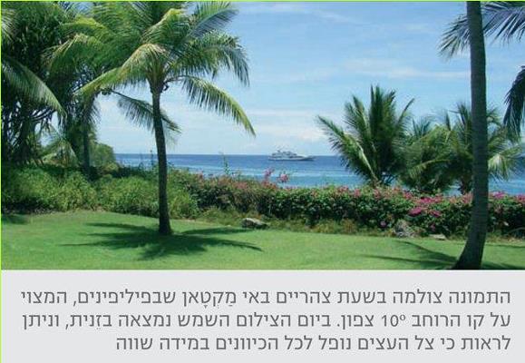 התמונה צולמה בשעת צהריים באי מקטאן שבפיליפינים, המצוי על קו הרוחב 10 מעלות צפון. ביום הצילום השמש נמצאה בזנית, וניתן לראות כי צל העצים נופל לכל הכיוונים במידה שווה
